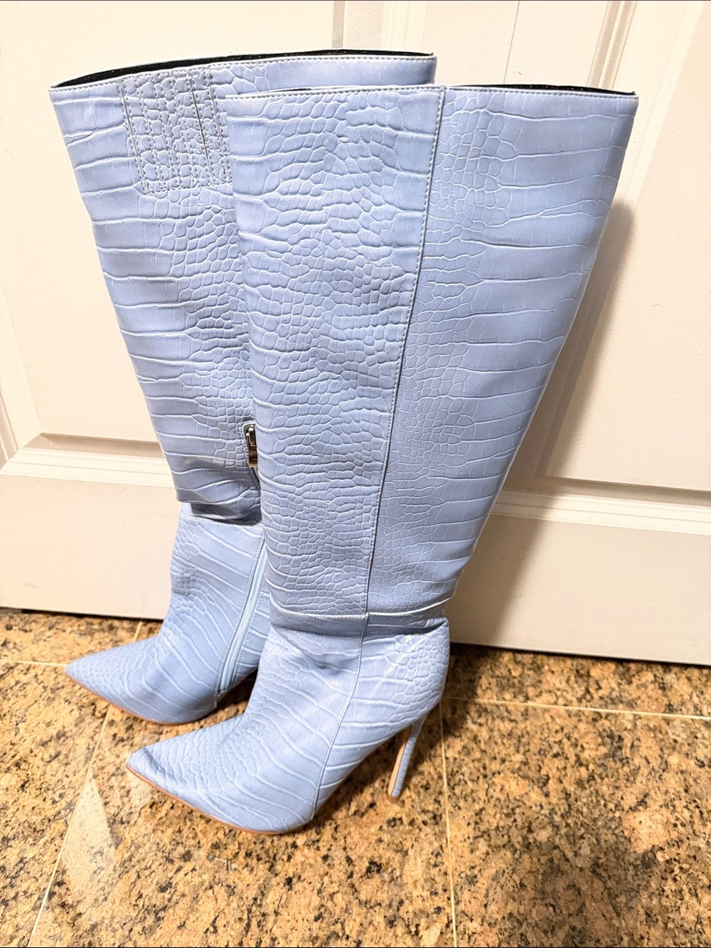Fashion Nova Light Blue Croc-Embossed Pointed-Toe Knee Boots